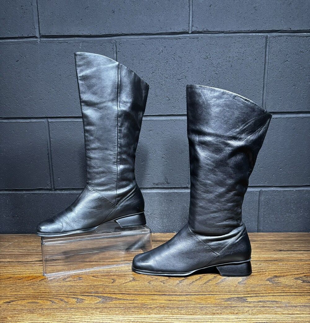 Vintage 90s Y2K STUDIO WORKS Tall Black Leather Square Toe Boots Women’s 6.5 M